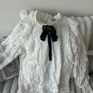 Kenzo White Lace Blouse with Black Bow